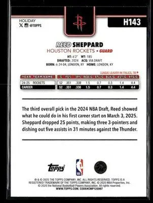2025-26 Topps Holiday #H143 Reed Sheppard - Basketball Card Single