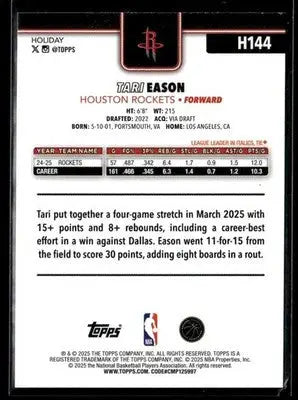 2025-26 Topps Holiday #H144 Tari Eason - Basketball Card Single