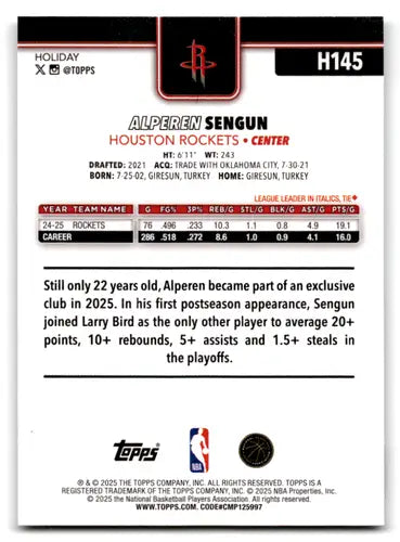 2025-26 Topps Holiday #H145 Alperen Sengun NM-MT Rockets ID:80983 - Basketball Card Single