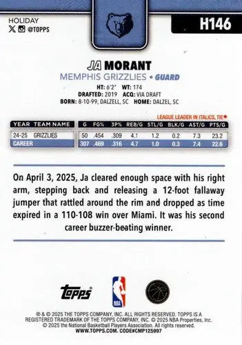 2025-26 Topps Holiday #H146 Ja Morant NM-MT Grizzlies ID:80984 - Basketball Card Single