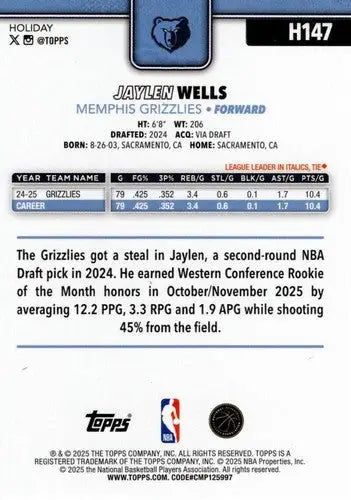 2025-26 Topps Holiday #H147 Jaylen Wells NM-MT Grizzlies ID:80985 - Basketball Card Single