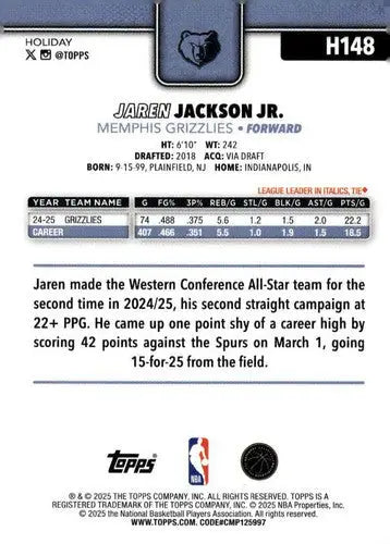 2025-26 Topps Holiday #H148 Jaren Jackson Jr. NM-MT Grizzlies ID:80362 - Basketball Card Single