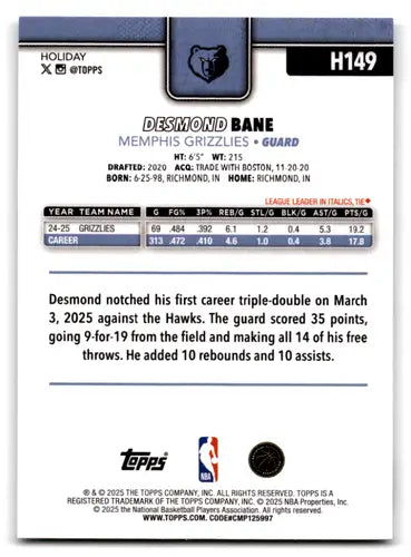2025-26 Topps Holiday #H149 Desmond Bane NM-MT Grizzlies ID:79953 - Basketball Card Single