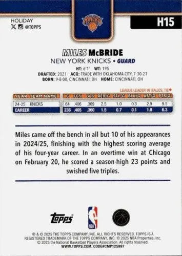 2025-26 Topps Holiday #H15 Miles McBride NM-MT Knicks ID:80716 - Basketball Card Single
