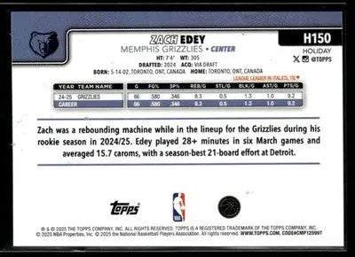 2025-26 Topps Holiday #H150 Zach Edey Base Memphis Grizzlies - Basketball Card Single