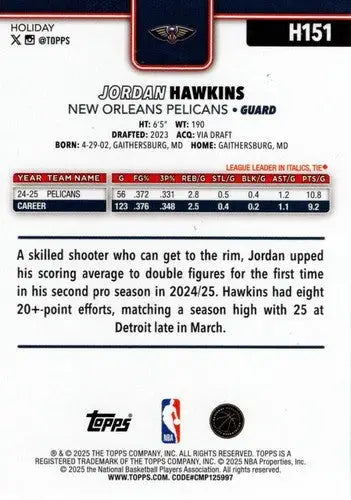 2025-26 Topps Holiday #H151 Jordan Hawkins NM-MT Pelicans ID:80986 - Basketball Card Single