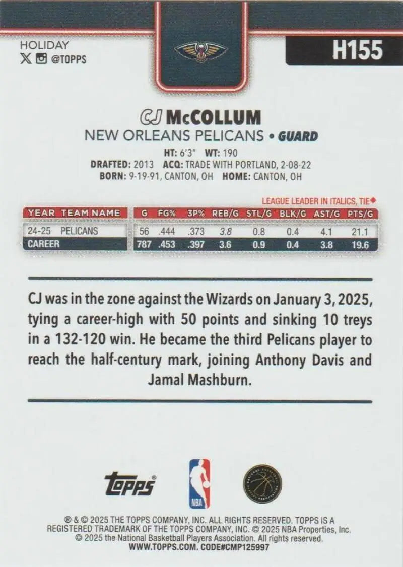 2025-26 Topps Holiday #H155 CJ McCollum NM-MT Pelicans ID:80989 - Basketball Card Single