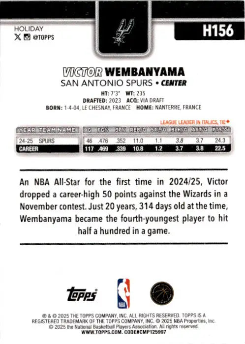 2025-26 Topps Holiday #H156 Victor Wembanyama - Basketball Card Single