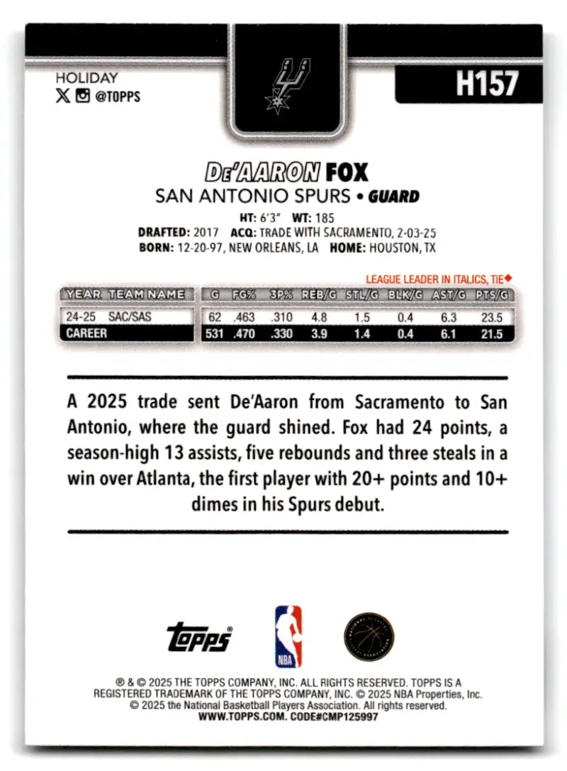 2025-26 Topps Holiday #H157 De’Aaron Fox NM-MT Spurs ID:80991 - Basketball Card Single