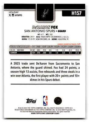 2025-26 Topps Holiday #H157 De’Aaron Fox NM-MT Spurs ID:80991 - Basketball Card Single