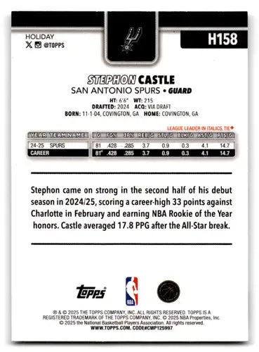 2025-26 Topps Holiday #H158 Stephon Castle NM-MT Spurs ID:80057 - Basketball Card Single