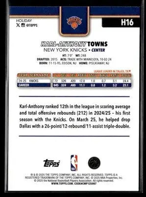 2025-26 Topps Holiday #H16 Karl-Anthony Towns Base New York Knicks - Basketball Card Single