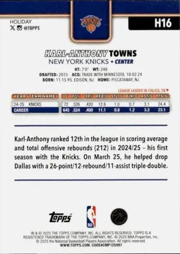 2025-26 Topps Holiday #H16 Karl-Anthony Towns NM-MT Knicks ID:80717 - Basketball Card Single