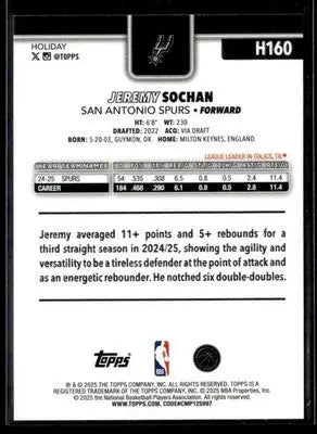 2025-26 Topps Holiday #H160 Jeremy Sochan - Basketball Card Single