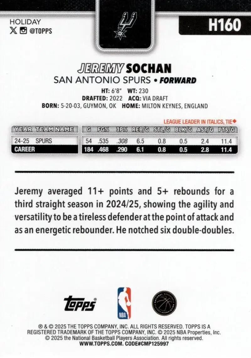 2025-26 Topps Holiday #H160 Jeremy Sochan NM-MT Spurs ID:80993 - Basketball Card Single