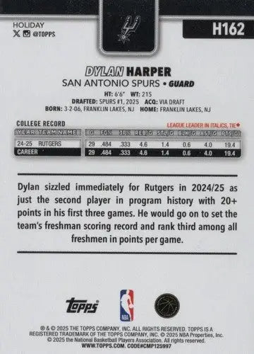2025-26 Topps Holiday #H162 Dylan Harper NM-MT RC Rookie Spurs ID:80994 - Basketball Card Single