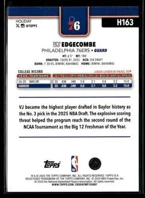 2025-26 Topps Holiday #H163 VJ Edgecombe RC Philadelphia 76ers - Basketball Card Single