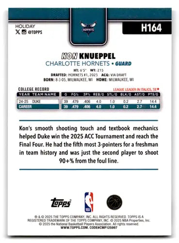2025-26 Topps Holiday #H164 Kon Knueppel NM-MT RC Rookie Hornets ID:80193 - Basketball Card Single