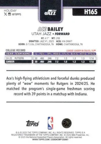 2025-26 Topps Holiday #H165 Ace Bailey NM-MT RC Rookie Jazz ID:80996 - Basketball Card Single