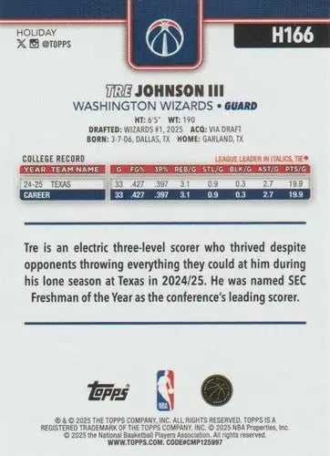 2025-26 Topps Holiday #H166 Tre Johnson III NM-MT RC Rookie Wizards ID:80997 - Basketball Card Single