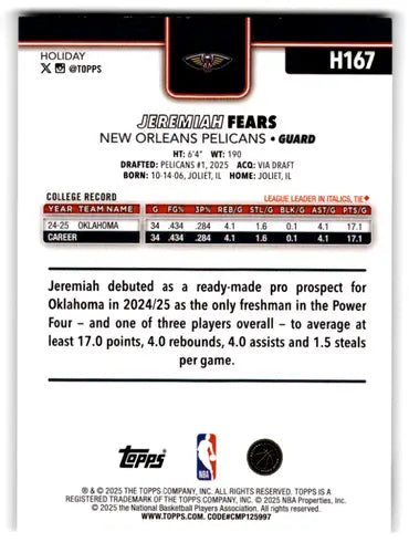 2025-26 Topps Holiday #H167 Jeremiah Fears NM-MT RC Rookie Pelicans ID:80364 - Basketball Card Single