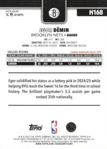 2025-26 Topps Holiday #H168 Egor Demin NM-MT RC Rookie Nets ID:80998 - Basketball Card Single