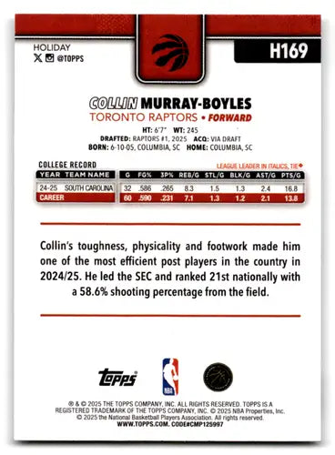 2025-26 Topps Holiday #H169 Collin Murray-Boyles NM-MT RC Rookie Raptor ID:79914 - Basketball Card Single