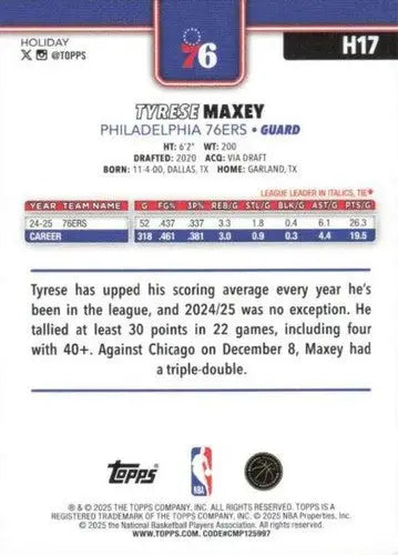 2025-26 Topps Holiday #H17 Tyrese Maxey NM-MT 76ers ID:80718 - Basketball Card Single