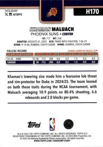 2025-26 Topps Holiday #H170 Khaman Maluach NM-MT RC Rookie Suns ID:80999 - Basketball Card Single