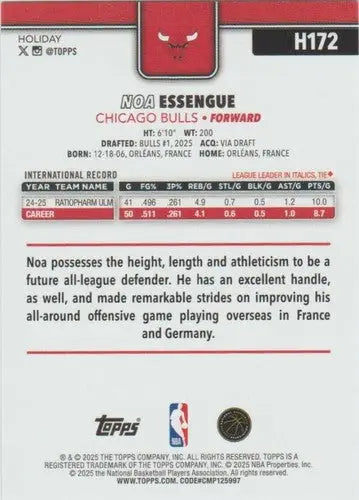 2025-26 Topps Holiday #H172 Noa Essengue NM-MT RC Rookie Bulls ID:81000 - Basketball Card Single