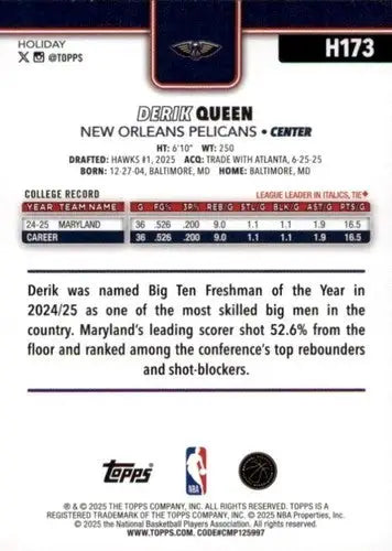 2025-26 Topps Holiday #H173 Derik Queen NM-MT RC Rookie Pelicans ID:81001 - Basketball Card Single
