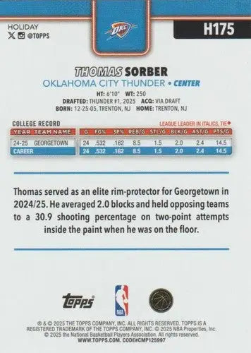2025-26 Topps Holiday #H175 Thomas Sorber NM-MT RC Rookie Thunder ID:81003 - Basketball Card Single