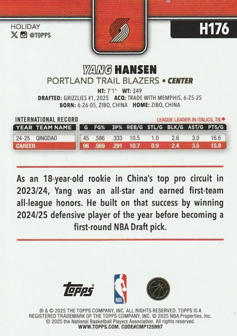2025-26 Topps Holiday #H176 Yang Hansen NM-MT RC Rookie Blazers ID:81004 - Basketball Card Single