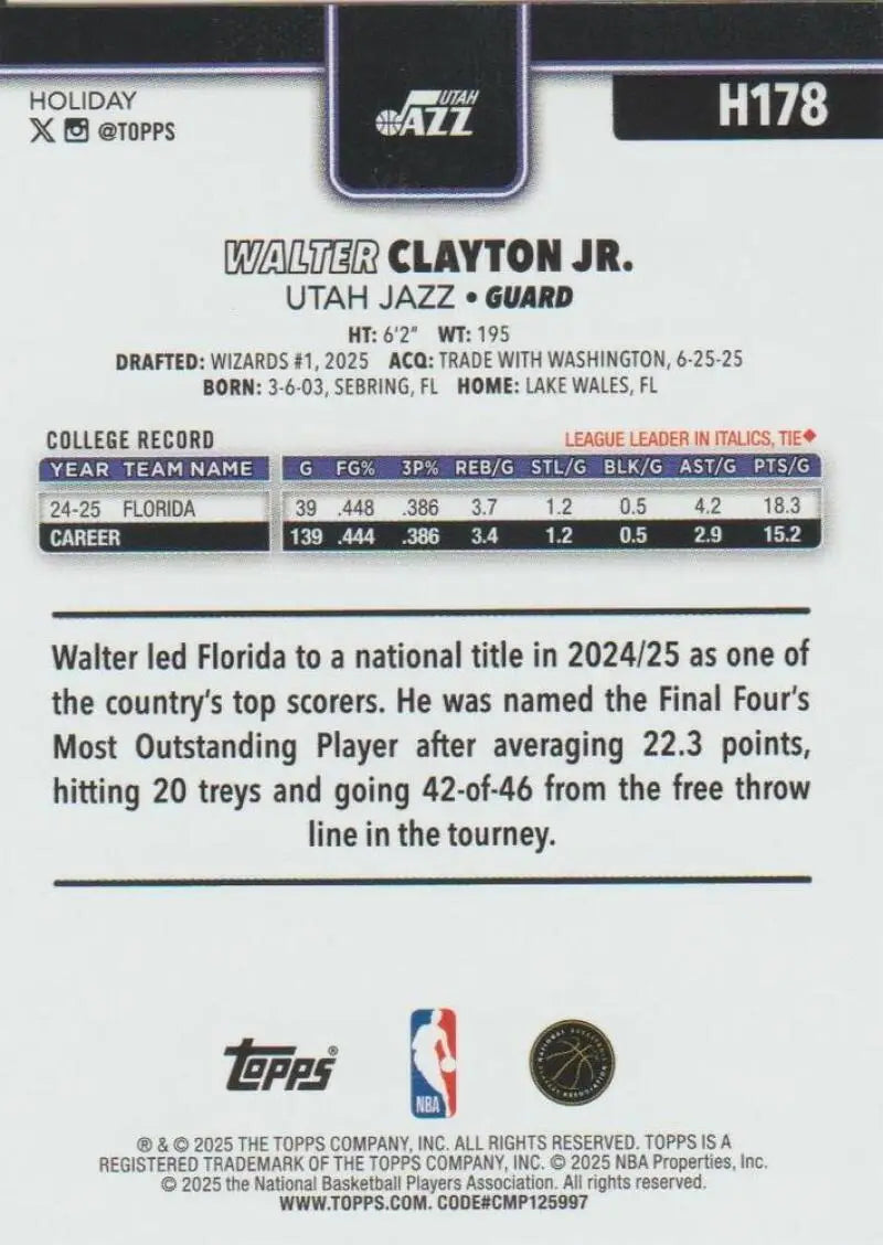 2025-26 Topps Holiday #H178 Walter Clayton Jr. NM-MT RC Rookie Jazz ID:81006 - Basketball Card Single