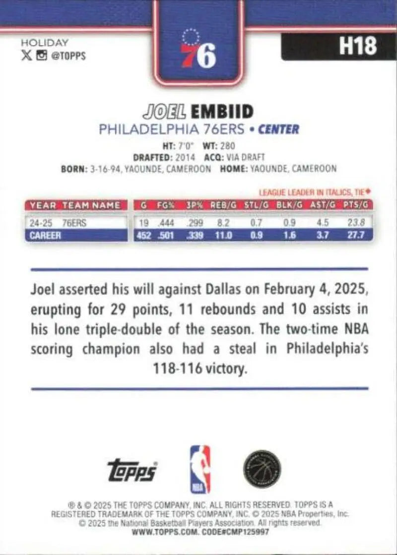 2025-26 Topps Holiday #H18 Joel Embiid NM-MT 76ers ID:80719 - Basketball Card Single