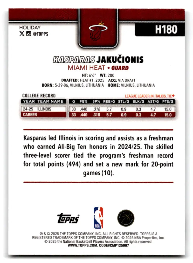 2025-26 Topps Holiday #H180 Kasparas Jakucionis NM-MT RC Rookie Heat ID:81009 - Basketball Card Single