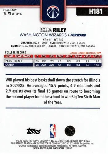 2025-26 Topps Holiday #H181 Will Riley NM-MT RC Rookie Wizards ID:81010 - Basketball Card Single