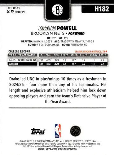 2025-26 Topps Holiday #H182 Drake Powell NM-MT RC Rookie Nets ID:80365 - Basketball Card Single