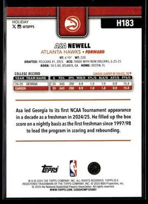2025-26 Topps Holiday #H183 Asa Newell Base RC Atlanta Hawks - Basketball Card Single