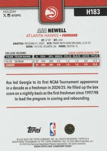 2025-26 Topps Holiday #H183 Asa Newell NM-MT RC Rookie Hawks ID:81007 - Basketball Card Single