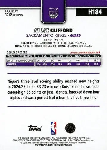 2025-26 Topps Holiday #H184 Nique Clifford NM-MT RC Rookie Sac Kings ID:81008 - Basketball Card Single
