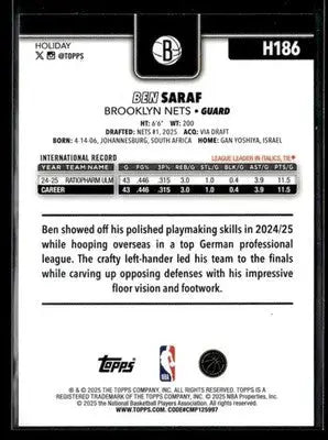 2025-26 Topps Holiday #H186 Ben Saraf - Basketball Card Single