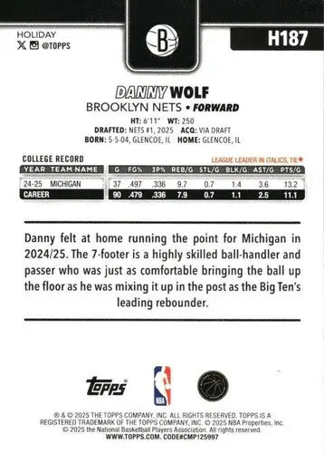 2025-26 Topps Holiday #H187 Danny Wolf NM-MT RC Rookie Nets ID:81012 - Basketball Card Single