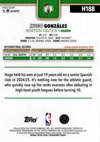2025-26 Topps Holiday #H188 Hugo Gonzales NM-MT RC Rookie Celtics ID:81013 - Basketball Card Single