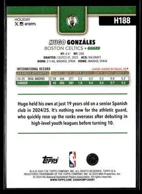 2025-26 Topps Holiday #H188 Hugo Gonzalez Base RC Boston Celtics - Basketball Card Single