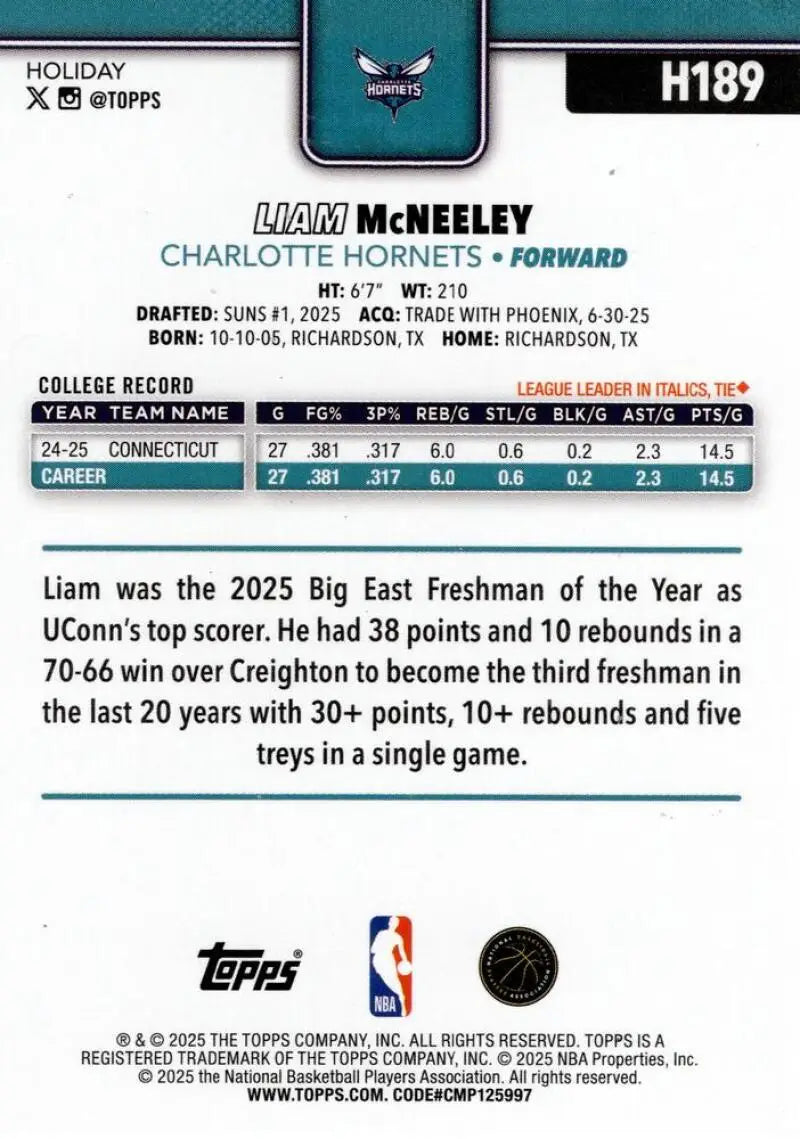 2025-26 Topps Holiday #H189 Liam McNeeley NM-MT RC Rookie Hornets ID:81014 - Basketball Card Single