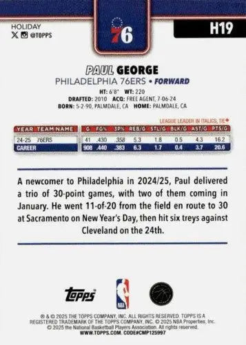 2025-26 Topps Holiday #H19 Paul George NM-MT 76ers ID:80720 - Basketball Card Single