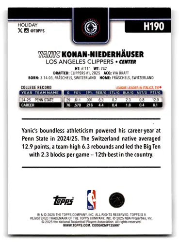 2025-26 Topps Holiday #H190 Yanic Konan-Niederhauser NM-MT RC Rookie Cl ID:80195 - Basketball Card Single