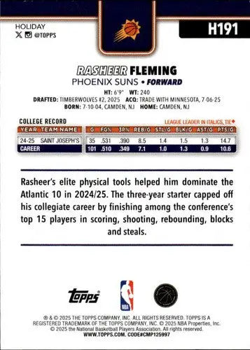 2025-26 Topps Holiday #H191 Rasheer Fleming NM-MT RC Rookie Suns ID:80194 - Basketball Card Single