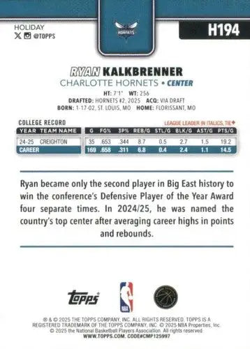 2025-26 Topps Holiday #H194 Ryan Kalkbrenner NM-MT RC Rookie Hornets ID:81016 - Basketball Card Single